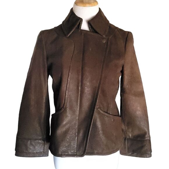 Kenneth Cole Reaction Women Size Small Chocolate Brown Leather Jacket Military - Picture 2 of 12
